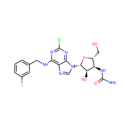 NC(=O)N[C@@H]1[C@@H](CO)O[C@@H](n2cnc3c(NCc4cccc(I)c4)nc(Cl)nc32)[C@@H]1O ZINC000034800753