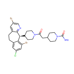 NC(=O)N1CCC(CC(=O)N2CCC([C@@H]3c4ncc(Br)cc4CCc4cc(Cl)cc(Br)c43)CC2)CC1 ZINC000011617025