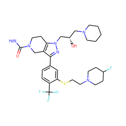 NC(=O)N1CCc2c(c(-c3ccc(C(F)(F)F)c(SCCN4CCC(F)CC4)c3)nn2C[C@@H](O)CN2CCCCC2)C1 ZINC000049780864