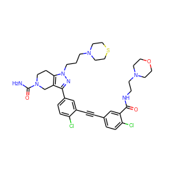 NC(=O)N1CCc2c(c(-c3ccc(Cl)c(C#Cc4ccc(Cl)c(C(=O)NCCN5CCOCC5)c4)c3)nn2CCCN2CCSCC2)C1 ZINC000095595759