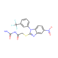 NC(=O)NC(=O)CSc1nc2cc([N+](=O)[O-])ccc2n1-c1cccc(C(F)(F)F)c1 ZINC000008746580