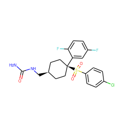 NC(=O)NC[C@H]1CC[C@@](c2cc(F)ccc2F)(S(=O)(=O)c2ccc(Cl)cc2)CC1 ZINC000254025977