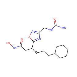 NC(=O)NCc1noc([C@H](CCCC2CCCCC2)CC(=O)NO)n1 ZINC000028701866