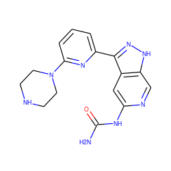 NC(=O)Nc1cc2c(-c3cccc(N4CCNCC4)n3)n[nH]c2cn1 ZINC000205247224