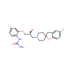 NC(=O)Nc1ccc(F)cc1OC[C@@H](O)CN1CCC2(CC1)Cc1cc(Cl)ccc1O2 ZINC000038945744