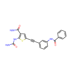 NC(=O)Nc1sc(C#Cc2cccc(NC(=O)c3ccccc3)c2)cc1C(N)=O ZINC000028525160