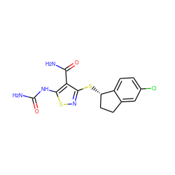 NC(=O)Nc1snc(S[C@H]2CCc3cc(Cl)ccc32)c1C(N)=O ZINC000036348980