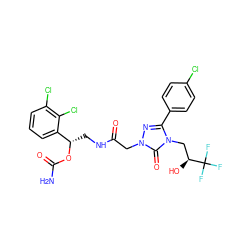 NC(=O)O[C@@H](CNC(=O)Cn1nc(-c2ccc(Cl)cc2)n(C[C@H](O)C(F)(F)F)c1=O)c1cccc(Cl)c1Cl ZINC000113410344