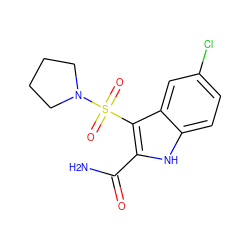 NC(=O)c1[nH]c2ccc(Cl)cc2c1S(=O)(=O)N1CCCC1 ZINC000029038956