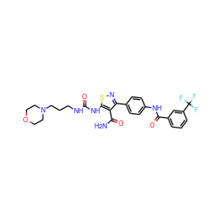 NC(=O)c1c(-c2ccc(NC(=O)c3cccc(C(F)(F)F)c3)cc2)nsc1NC(=O)NCCCN1CCOCC1 ZINC000145702299