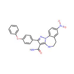 NC(=O)c1c(-c2ccc(Oc3ccccc3)cc2)nn2c1NCCc1cc([N+](=O)[O-])ccc1-2 ZINC001772593146