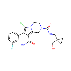 NC(=O)c1c(-c2cccc(F)c2)c(Cl)n2c1CN(C(=O)NCC1(CO)CC1)CC2 ZINC001772657180