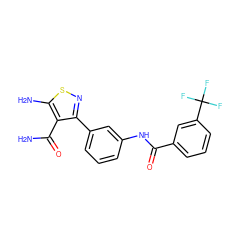 NC(=O)c1c(-c2cccc(NC(=O)c3cccc(C(F)(F)F)c3)c2)nsc1N ZINC000145683840