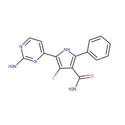 NC(=O)c1c(-c2ccccc2)[nH]c(-c2ccnc(N)n2)c1I ZINC000064528051