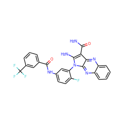 NC(=O)c1c(N)n(-c2cc(NC(=O)c3cccc(C(F)(F)F)c3)ccc2F)c2nc3ccccc3nc12 ZINC000299827763