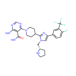 NC(=O)c1c(N)ncnc1N1CCC(c2nc(-c3ccc(F)c(C(F)(F)F)c3)cn2C[C@@H]2CCCN2)CC1 ZINC000218690341