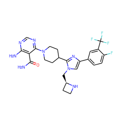 NC(=O)c1c(N)ncnc1N1CCC(c2nc(-c3ccc(F)c(C(F)(F)F)c3)cn2C[C@@H]2CCN2)CC1 ZINC000219746489