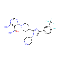 NC(=O)c1c(N)ncnc1N1CCC(c2nc(-c3ccc(F)c(C(F)(F)F)c3)cn2C2CCNCC2)CC1 ZINC000219779572