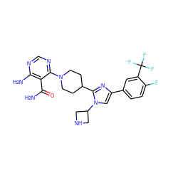 NC(=O)c1c(N)ncnc1N1CCC(c2nc(-c3ccc(F)c(C(F)(F)F)c3)cn2C2CNC2)CC1 ZINC000218703535