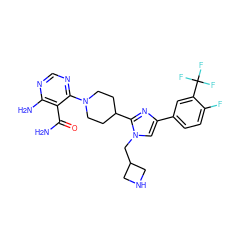 NC(=O)c1c(N)ncnc1N1CCC(c2nc(-c3ccc(F)c(C(F)(F)F)c3)cn2CC2CNC2)CC1 ZINC000218673768