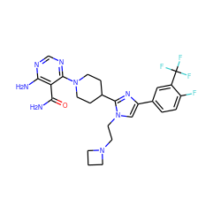 NC(=O)c1c(N)ncnc1N1CCC(c2nc(-c3ccc(F)c(C(F)(F)F)c3)cn2CCN2CCC2)CC1 ZINC000206945649