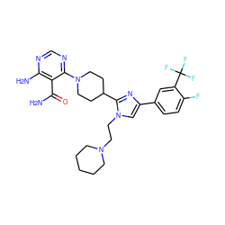 NC(=O)c1c(N)ncnc1N1CCC(c2nc(-c3ccc(F)c(C(F)(F)F)c3)cn2CCN2CCCCC2)CC1 ZINC000219751070