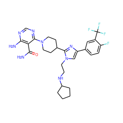 NC(=O)c1c(N)ncnc1N1CCC(c2nc(-c3ccc(F)c(C(F)(F)F)c3)cn2CCNC2CCCC2)CC1 ZINC000219792988