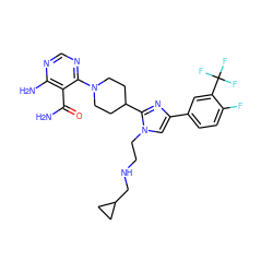 NC(=O)c1c(N)ncnc1N1CCC(c2nc(-c3ccc(F)c(C(F)(F)F)c3)cn2CCNCC2CC2)CC1 ZINC000219117902