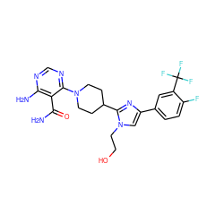 NC(=O)c1c(N)ncnc1N1CCC(c2nc(-c3ccc(F)c(C(F)(F)F)c3)cn2CCO)CC1 ZINC000219118552