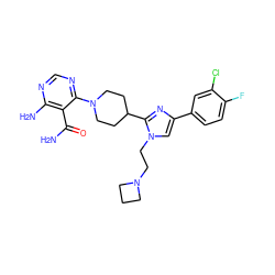 NC(=O)c1c(N)ncnc1N1CCC(c2nc(-c3ccc(F)c(Cl)c3)cn2CCN2CCC2)CC1 ZINC000206947135