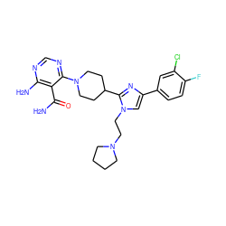 NC(=O)c1c(N)ncnc1N1CCC(c2nc(-c3ccc(F)c(Cl)c3)cn2CCN2CCCC2)CC1 ZINC000219749083