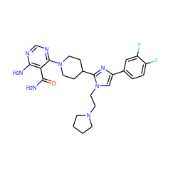 NC(=O)c1c(N)ncnc1N1CCC(c2nc(-c3ccc(F)c(F)c3)cn2CCN2CCCC2)CC1 ZINC000219765240