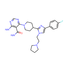 NC(=O)c1c(N)ncnc1N1CCC(c2nc(-c3ccc(F)cc3)cn2CCN2CCCC2)CC1 ZINC000219733563