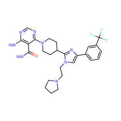 NC(=O)c1c(N)ncnc1N1CCC(c2nc(-c3cccc(C(F)(F)F)c3)cn2CCN2CCCC2)CC1 ZINC000219730921