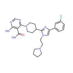 NC(=O)c1c(N)ncnc1N1CCC(c2nc(-c3cccc(Cl)c3)cn2CCN2CCCC2)CC1 ZINC000219762148