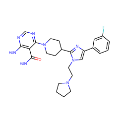 NC(=O)c1c(N)ncnc1N1CCC(c2nc(-c3cccc(F)c3)cn2CCN2CCCC2)CC1 ZINC000219776285