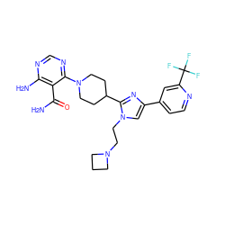 NC(=O)c1c(N)ncnc1N1CCC(c2nc(-c3ccnc(C(F)(F)F)c3)cn2CCN2CCC2)CC1 ZINC000219732009