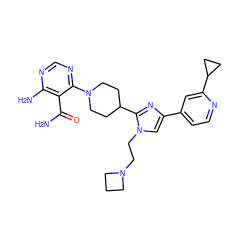 NC(=O)c1c(N)ncnc1N1CCC(c2nc(-c3ccnc(C4CC4)c3)cn2CCN2CCC2)CC1 ZINC000219765935