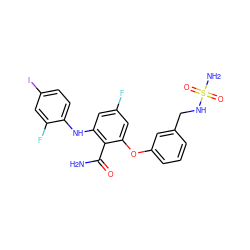 NC(=O)c1c(Nc2ccc(I)cc2F)cc(F)cc1Oc1cccc(CNS(N)(=O)=O)c1 ZINC000204808690