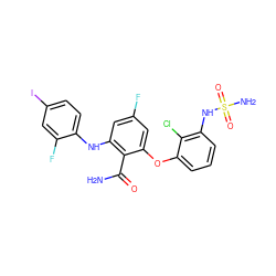 NC(=O)c1c(Nc2ccc(I)cc2F)cc(F)cc1Oc1cccc(NS(N)(=O)=O)c1Cl ZINC000653796672