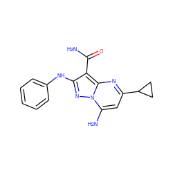 NC(=O)c1c(Nc2ccccc2)nn2c(N)cc(C3CC3)nc12 ZINC000029123310