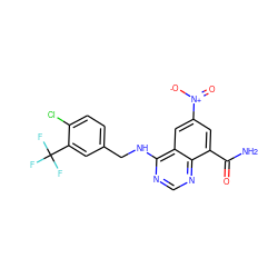 NC(=O)c1cc([N+](=O)[O-])cc2c(NCc3ccc(Cl)c(C(F)(F)F)c3)ncnc12 ZINC000114343046