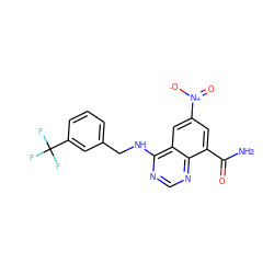 NC(=O)c1cc([N+](=O)[O-])cc2c(NCc3cccc(C(F)(F)F)c3)ncnc12 ZINC000114344578