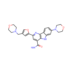 NC(=O)c1cc(-c2cc(CN3CCOCC3)co2)nc2c1[nH]c1cc(N3CCOCC3)ccc12 ZINC000113244077