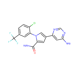 NC(=O)c1cc(-c2cc(N)ncn2)cn1-c1cc(C(F)(F)F)ccc1Cl ZINC000143038047