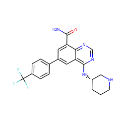 NC(=O)c1cc(-c2ccc(C(F)(F)F)cc2)cc2c(N[C@H]3CCCNC3)ncnc12 ZINC000114350179