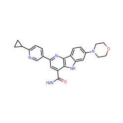 NC(=O)c1cc(-c2ccc(C3CC3)nc2)nc2c1[nH]c1cc(N3CCOCC3)ccc12 ZINC000113205627