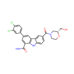 NC(=O)c1cc(-c2ccc(Cl)c(Cl)c2)cc2c1[nH]c1ccc(C(=O)N3CCO[C@@H](CO)C3)cc12 ZINC000113202472