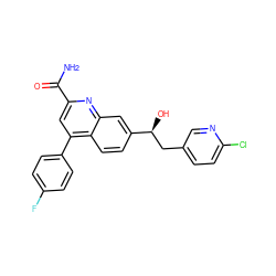 NC(=O)c1cc(-c2ccc(F)cc2)c2ccc([C@@H](O)Cc3ccc(Cl)nc3)cc2n1 ZINC000221614232