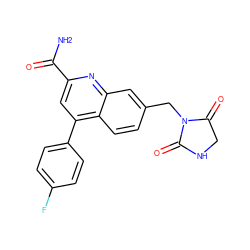 NC(=O)c1cc(-c2ccc(F)cc2)c2ccc(CN3C(=O)CNC3=O)cc2n1 ZINC000205665025